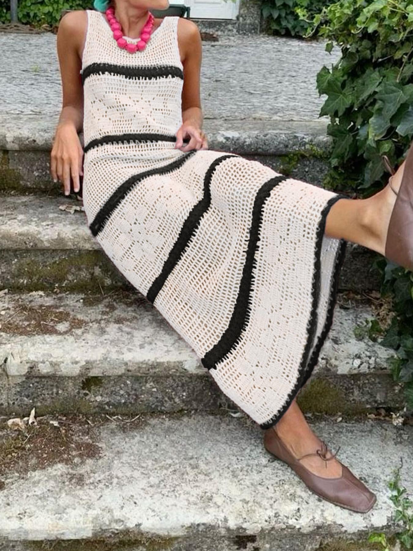 Women's Colorblock Crochet Sweater Dress, Casual Sleeveless Fitted Knitwear for Summer, Fashion Women's Clothing for Daily Wear, Womenswear, Piece Women's Colorblock Crochet Sweater Dress, Casual Sleeveless Fitted Knitwear for Summer, Fashion Women's Clothing for Daily Wear, Womenswear, Piece