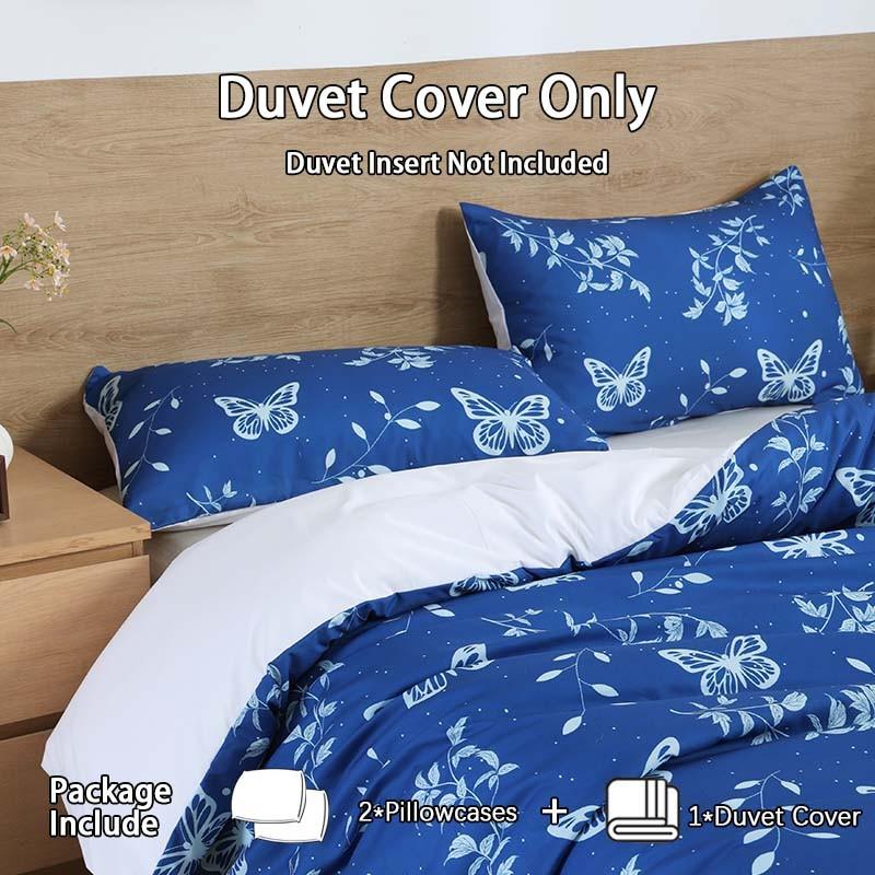 Blue Butterfly Print Bedding Duvet Cover Set, 3-Piece Set includes 1 duvet cover + 2 pillowcases, without inserts.Ultra soft and suitable for all seasons.The bedding is designed with a zipper closure, ideal for bedroom and guest room decoration.