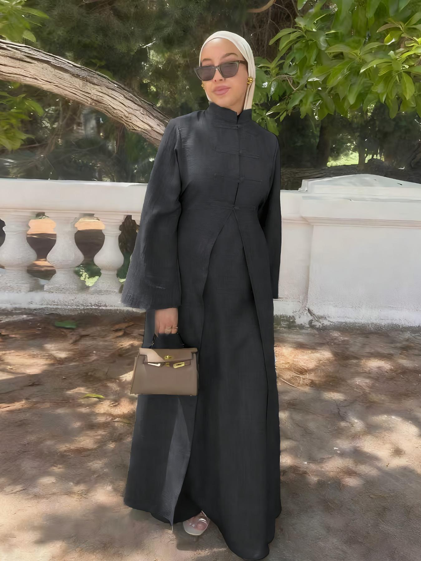 Women's Ramadan Muslim Abaya Solid Color Elegant Cardigan + Long Sleeve Dress Set, Casual Slim-Fitting Two-Piece, Modest Muslim Outfits, No Hijab Included