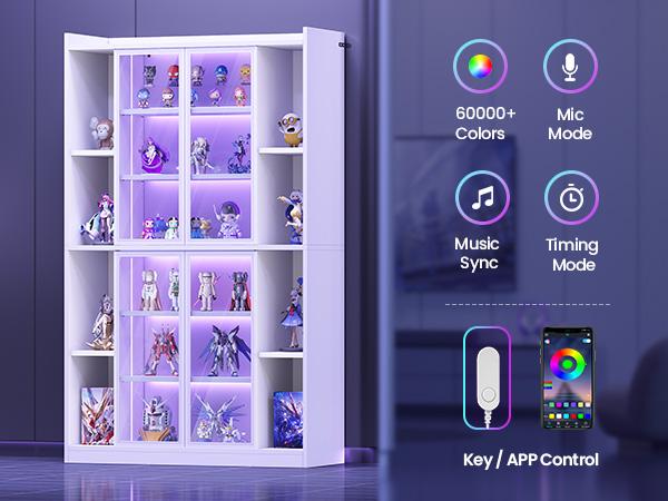 SEDETA Display Cabinet with Glass Doors, 6 Tier Tall Bookcase with LED Lights, Curio Cabinet with Adjustable Shelves, 64" Display Cases for Collectibles, Bedroom, Living Room, Office