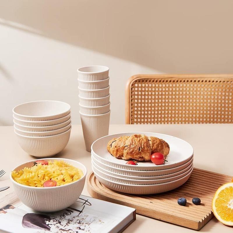 18-Piece Wheat Straw Cutlery Set, Durable Kitchenware, Dishwasher & Microwave Safe, Salad Plate, Cereal Bowl, Travel Camping Utensils, Tableware Set