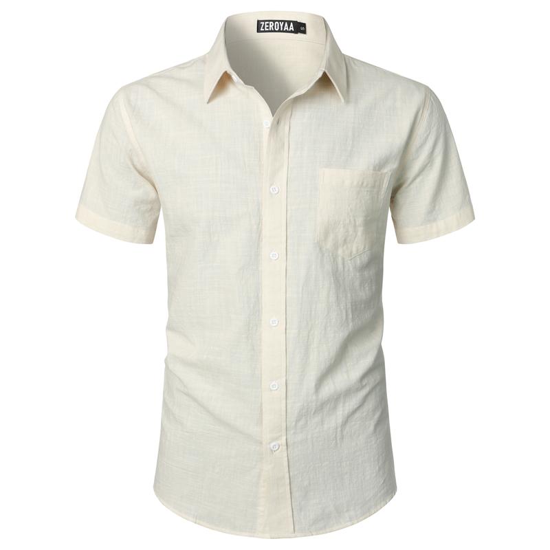 ZEROYAA Men's Fitted Cotton Linen Casual Short Sleeve Button Up Shirts Lightweight Beach Tops with Pocket
