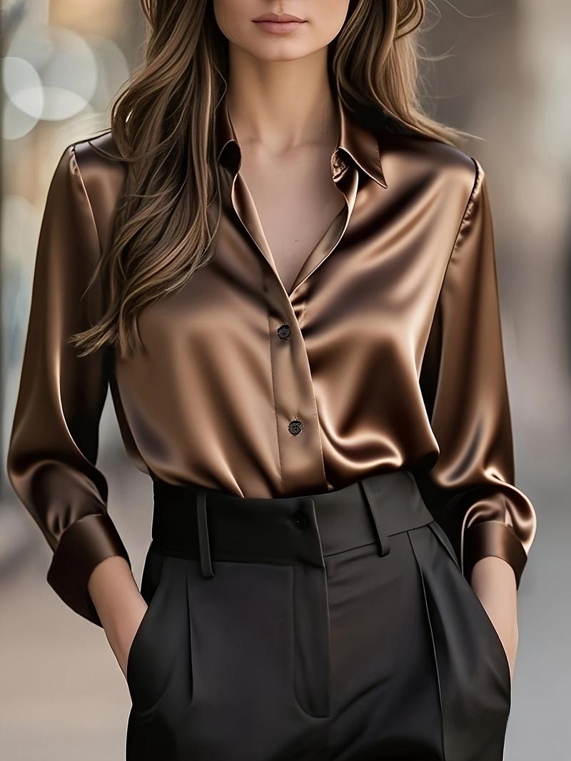 Elegant Women's Satin Blouse for Spring & Fall, Office Wear, Casual Ladies' Top, Soft and Comfortable, Pure Color Design