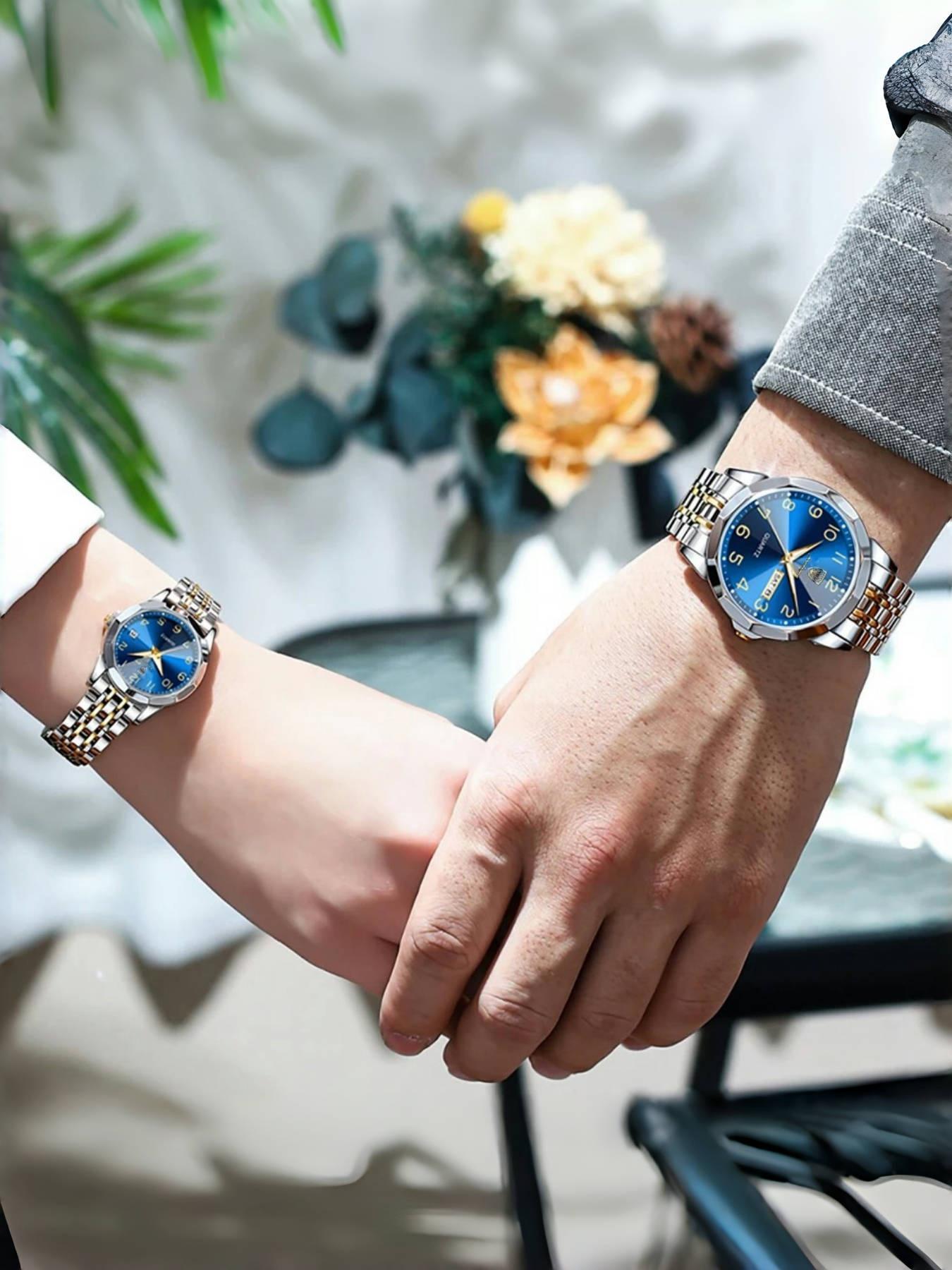 POEDAGAR Fashion Couple Watch Trendy Original Couple Watch Waterproof Night Light Date Weekly Calendar Quartz Watch Fashionable Watches Daily Matching Festival Birthday Gift
