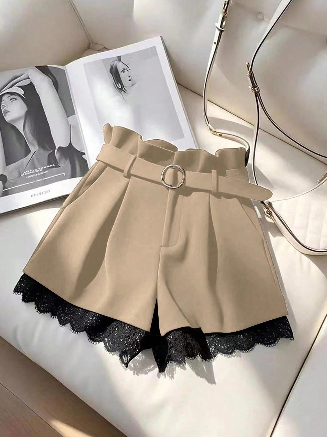 Women's Summer Shorts Elegant Series Fashion Versatile (with Belt), Fitted Design Contrast Lace, Plain Pattern Short Pants