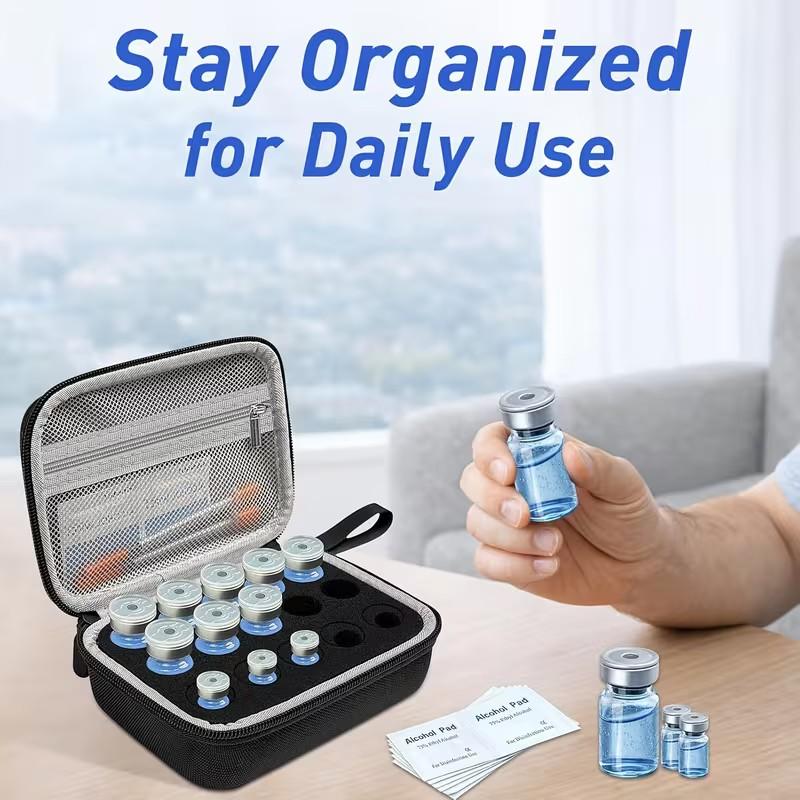 ❄️Peptide Storage Box, 15-Compartment Organizer with Mesh Pockets, Ideal for 0.1oz, 0.17oz, 0.34oz Bottles, Perfect for Refrigerator Use, Box Organiser