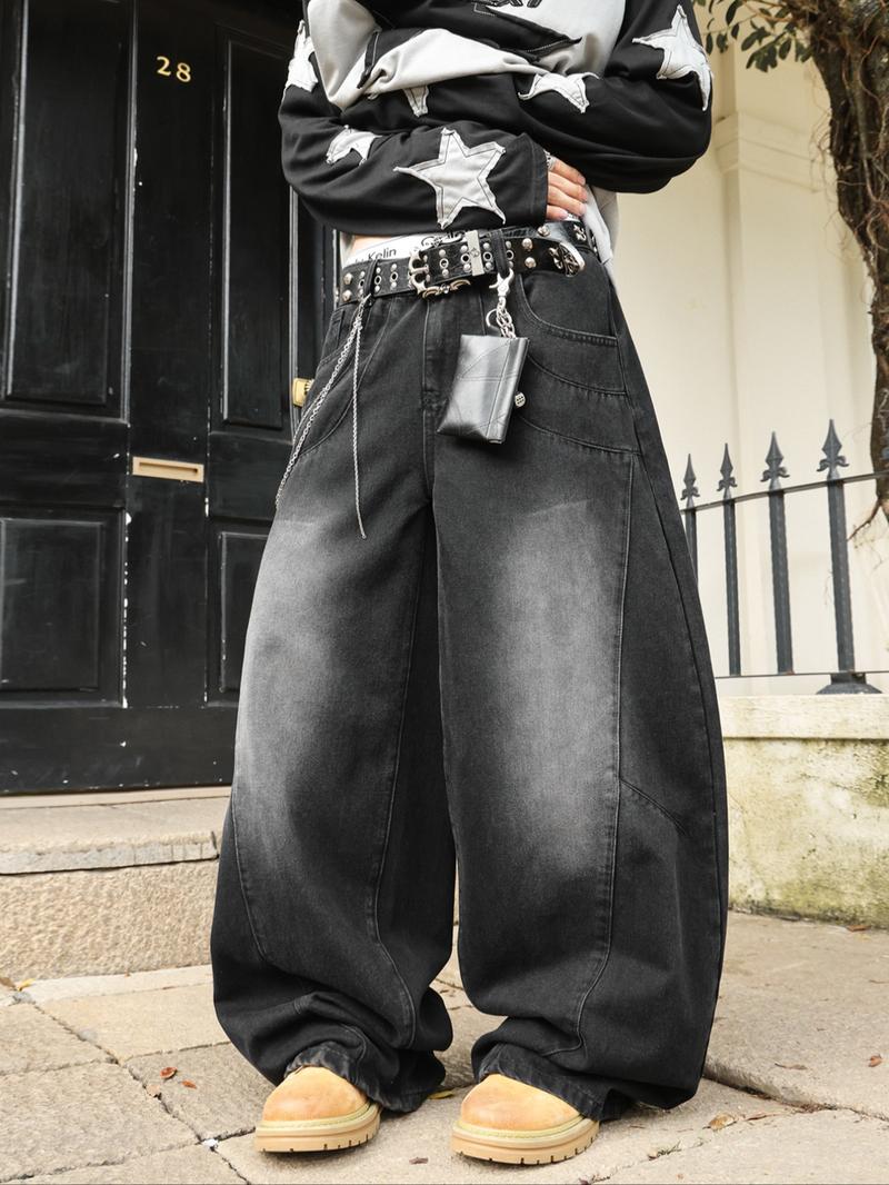 Men's Denim Jeans with Curved Knife Patchwork, American Style Y2K Streetwear Rock Casual Stacked Wide Leg Pants, All-Seasons