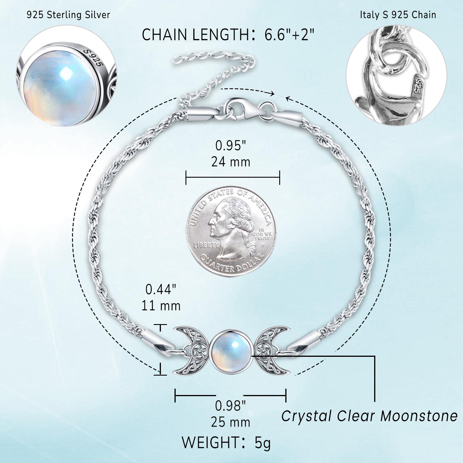 DRINSPER S925 Moonstone Bracelet, Hecate Triple Moon Goddess Bracelet, Artificial Moonstone, Pagan Wiccan Amulet Bracelet, 925 Sterling Silver Bracelet,Fashion Celtic Knot Crescent Moon,Elegant Jewelry Accessory for Women Girlfriend Girls