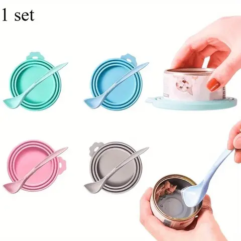 Silicone Pet Food Can Lid, 1 Set Pet Food Can Cover with Spoon, Pet Food Storage Lid, Pet Feeding Supplies, Animal Feeding Supply, Dog & Cat Accessories