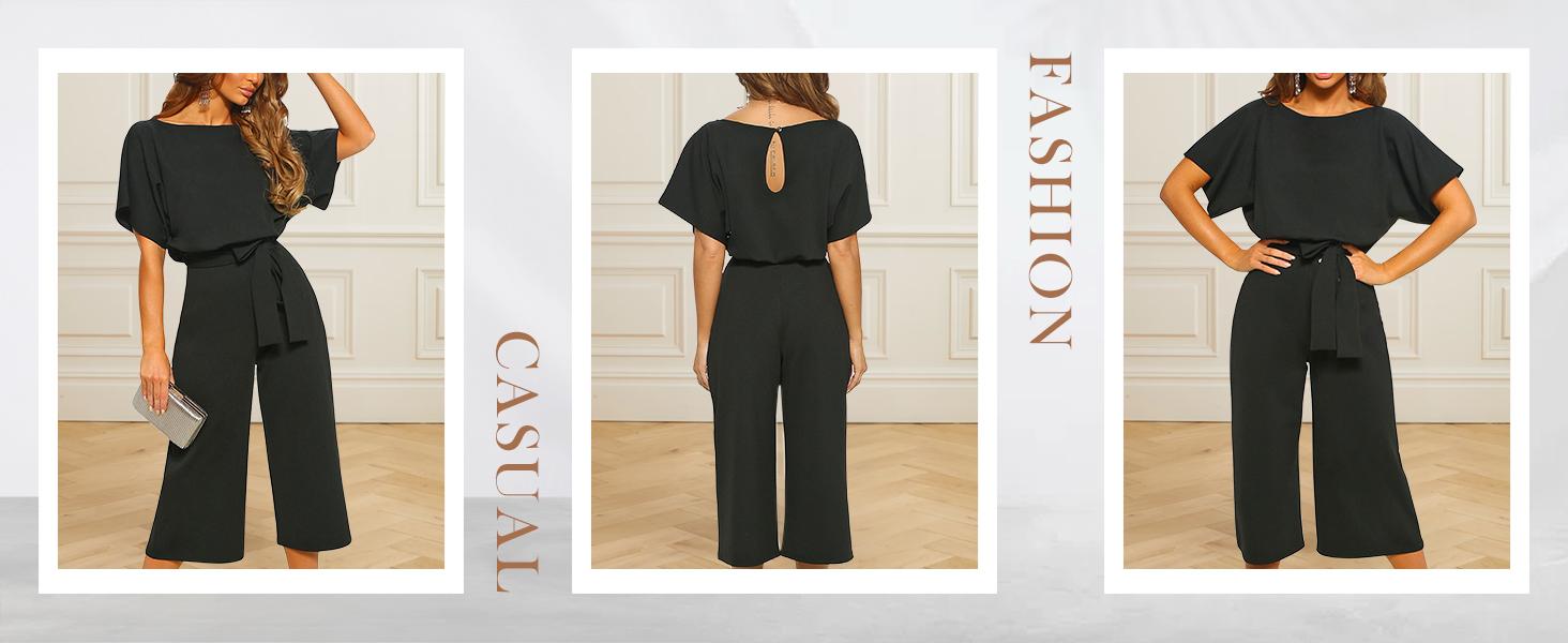 CHARTOU women's summer and autumn short sleeved jumpsuit with bow tie at the waist and wide leg seven quarter jumpsuit