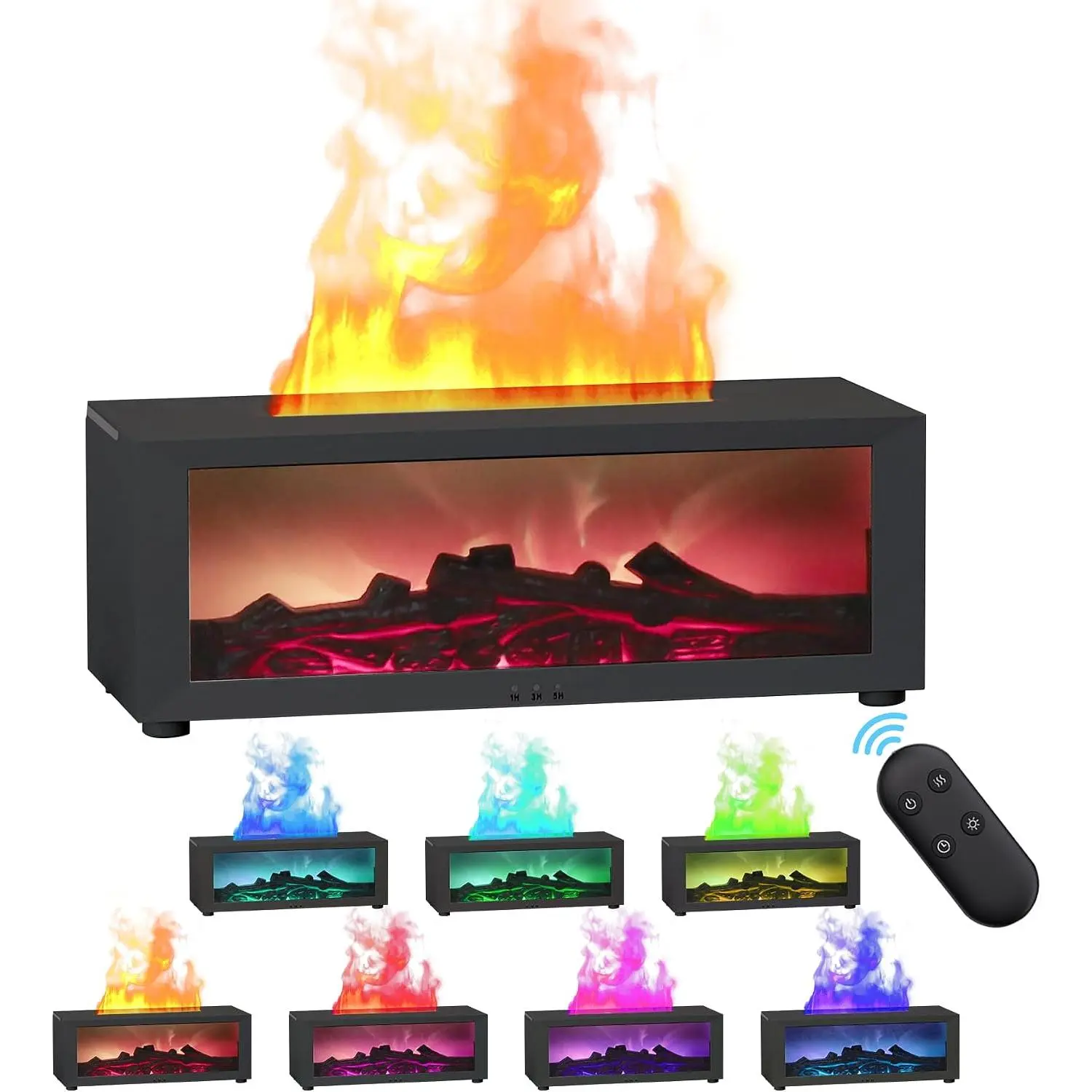 Fireplace Look Essential Oil Diffuser - Flame Effect Colorful Water Vapor Humidifier for Camping & Hiking Aromatherapy (Black Long Version)