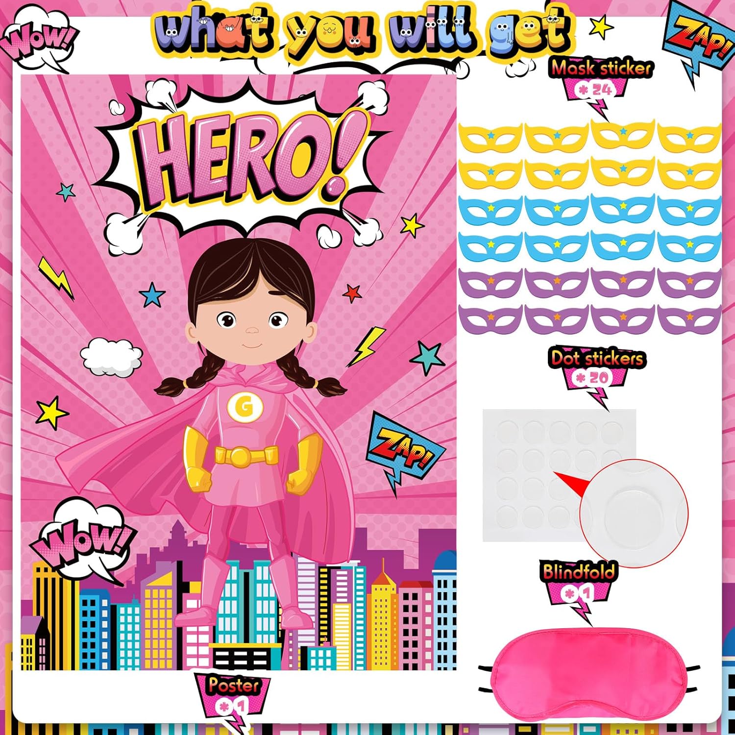 Hero Theme Party Set Hero Theme Pin Mask the Cityscape Poster with 24 Stickers and Blindfold Tail Set for Birthday Party Decorations Carnival Favors Supplies Hero Theme Party Set Hero Theme Pin Mask the Cityscape Poster with 24 Stickers and Blindfold Tail Set for Birthday Party Decorations Carnival Favors Supplies