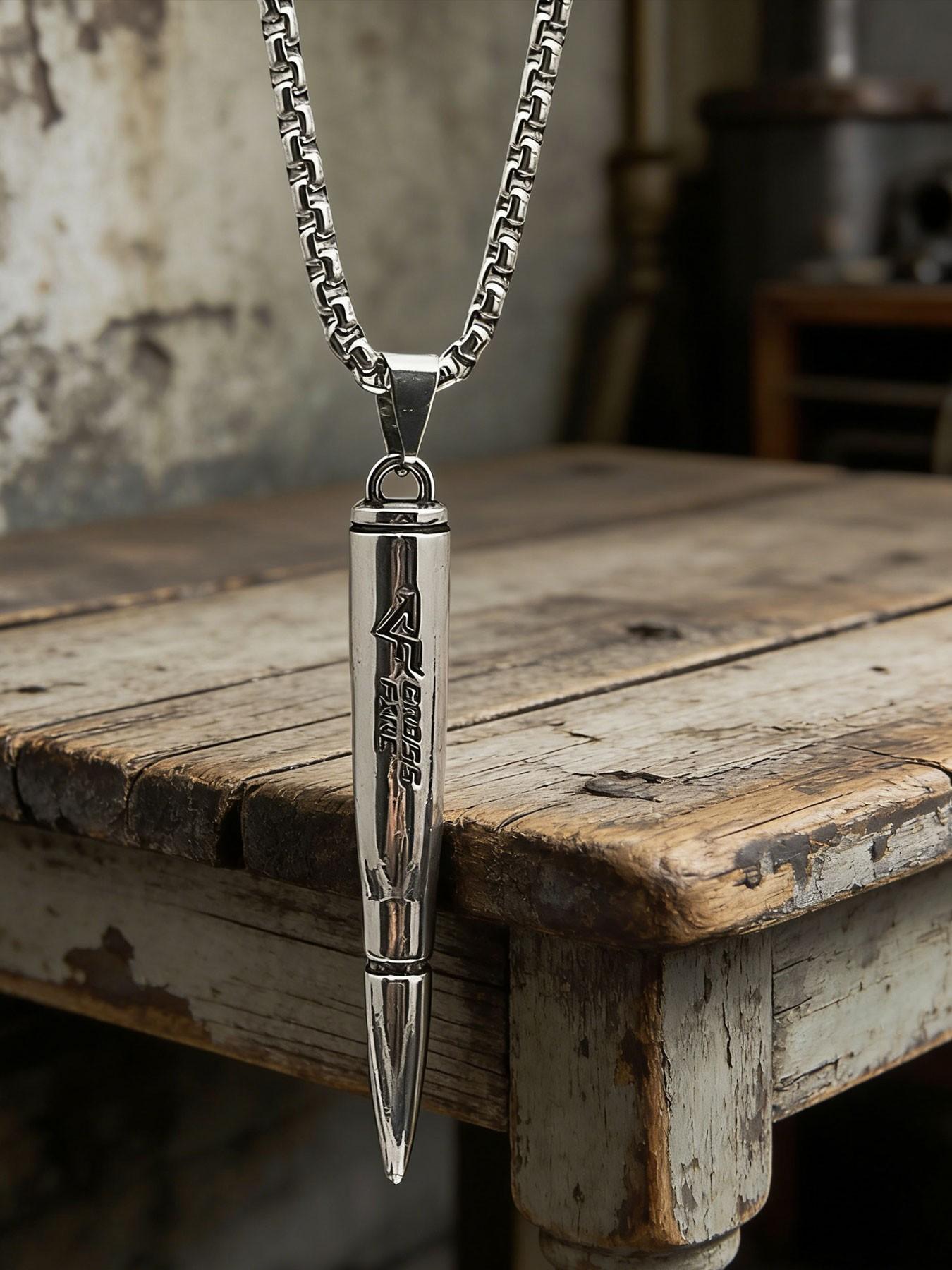Cf Bullet Necklace Titanium Steel Pendant, Military Enthusiast Accessory, Hypoallergenic, Anti-Oxidation, Stackable, Hip Hop Streetwear