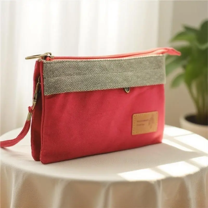 Women's Canvas Cosmetic Clutch Bag - Solid Color, Portable Size, Zippered Top, Multi-Layered Interior with Divided Slots, Daily Use Bags