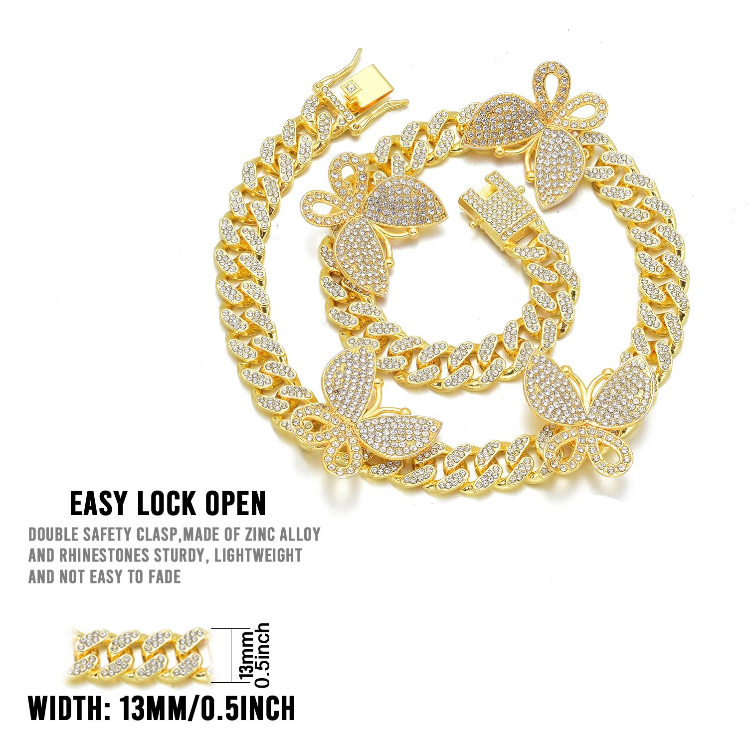 Gold Dog Collar with Bling CZ Diamond Butterfly 13mm Cuban Link Dog Cat Collar Design Dog Chain Collars Necklace for Small Medium Large Dogs