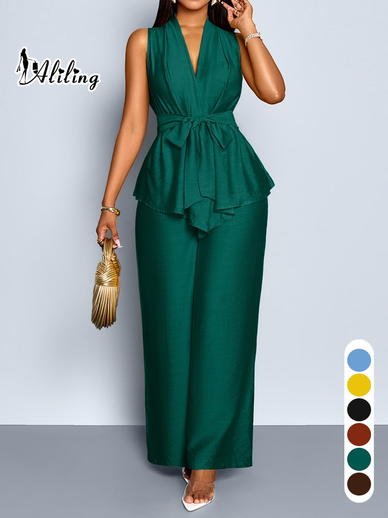 Two-Piece Summer Casual Chic Women's Deep V Neck Sleeveless Belted Top & High Waist Wide Leg Pants Set for Outing, Office and Date Night