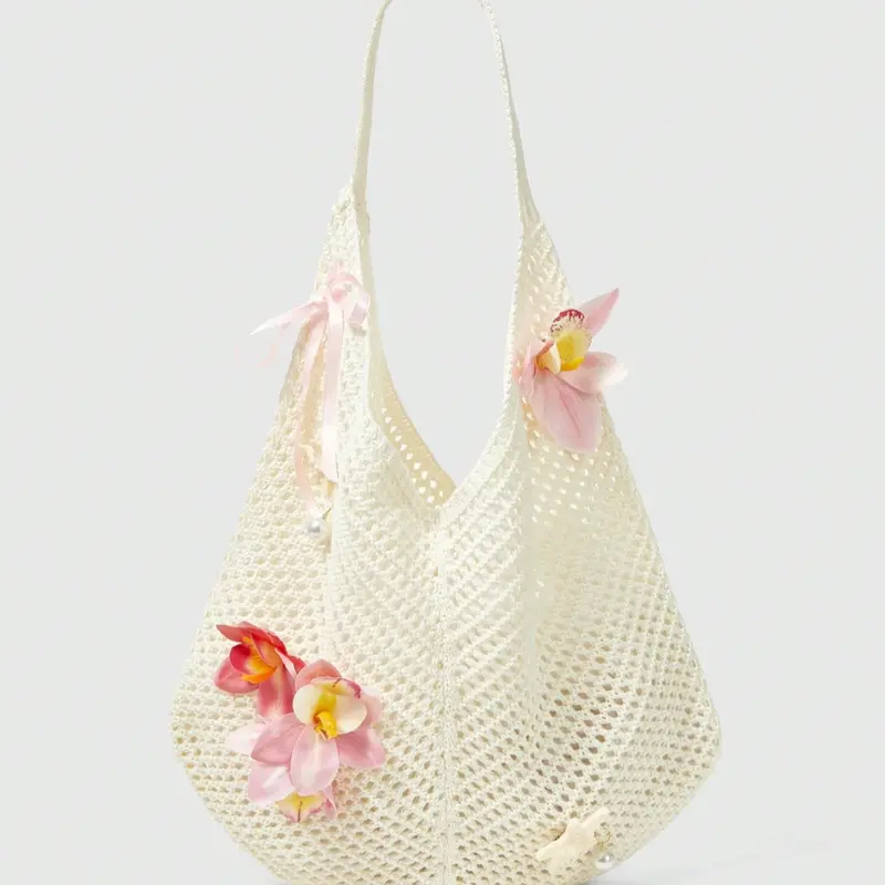 Hollow Out Knit Floral Embellished Aesthetic Tote Bag, Orchid Flower Ribbon Decoration, Large Capacity Shoulder Bag for Fall Winter Beach Vacation