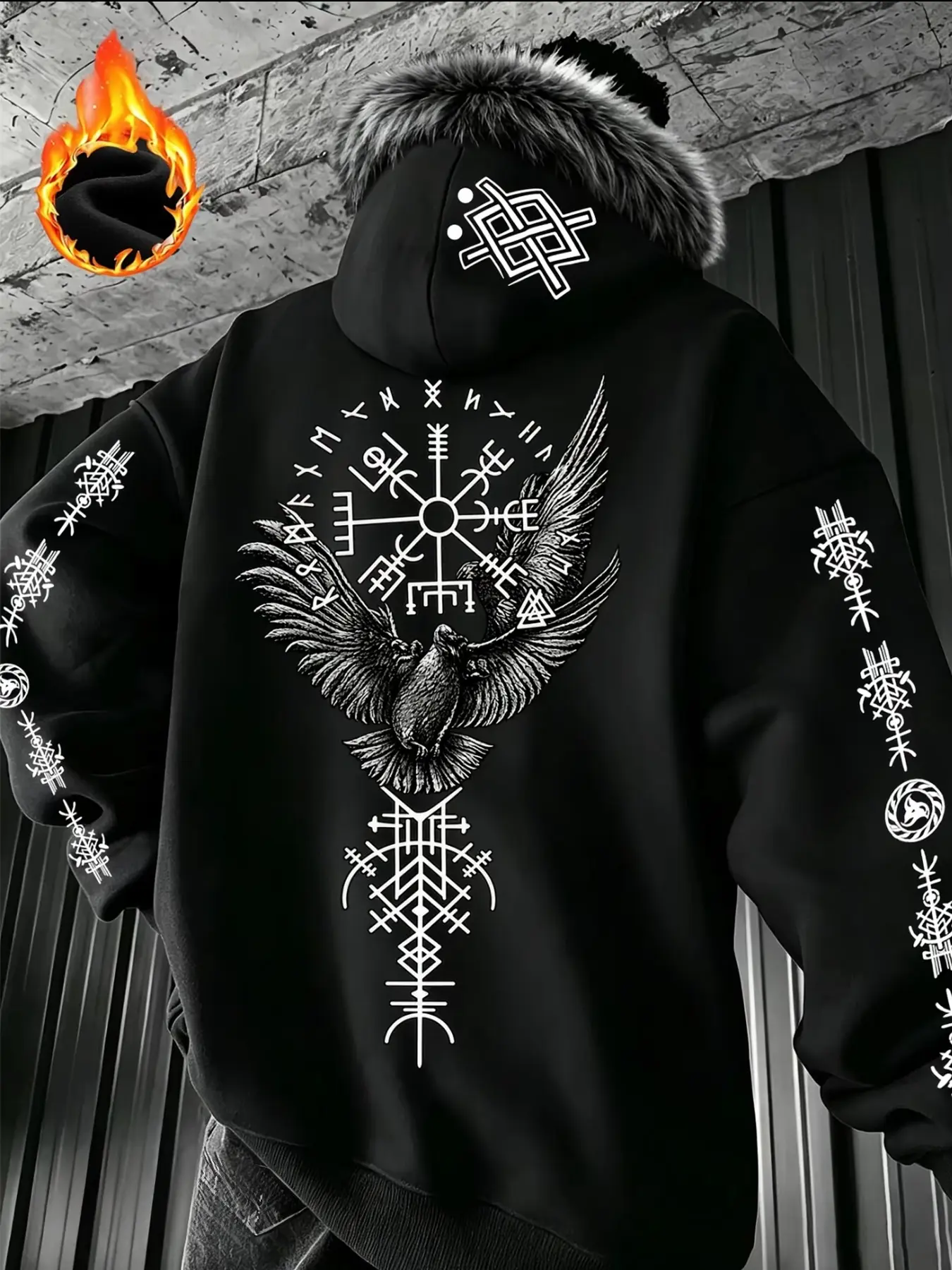 Men's Faux Fur Hooded Sweatshirt, Norse Viking Dark Street Style, Raven Rune Print, Thick Warm Lining, Loose Fit, Outerwear