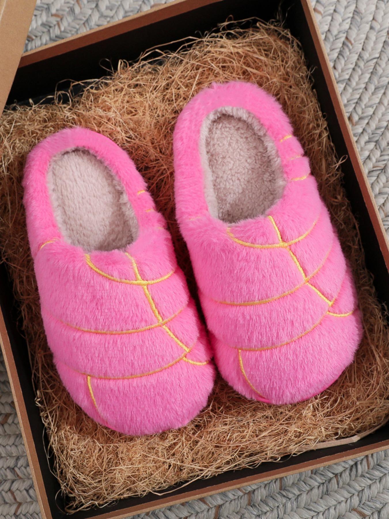 Plush Slippers with Embroidered Concha Bread Design, Unisex Indoor Outdoor Soft Warm Non-Slip Shoes, Perfect Christmas Gift