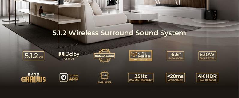 Limited Sale-ULTIMEA Skywave X40 5.1.2ch Wireless Surround Sound System for TV, Home Theater, Soundbar for Smart TV with Dolby Atmos, 530W Soundbar with Wireless Subwoofer, Strong Bass, 4KPassThrough, HDMI eARC, BT 5.4, App Control ,Speaker, BlackFriday