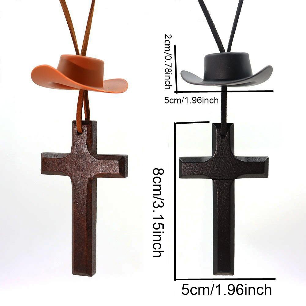 1pc Cowboy Hat with Cross Car Hanging Ornament, Plastic Mini Hat & Wooden Cross Rearview Mirror Decor, Western Christian Faith Car Interior Decor, Country Auto Pendant Gift for Men Women Truck Drivers