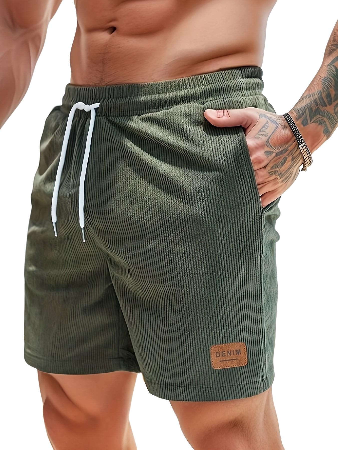Men's Solid Color Vintage Corduroy Striped Shorts, Drawstring, Pocket, Letter Leather Label, Lightweight Comfortable Gym Shorts, Summer Fitness, Outdoor, Beach Vacation