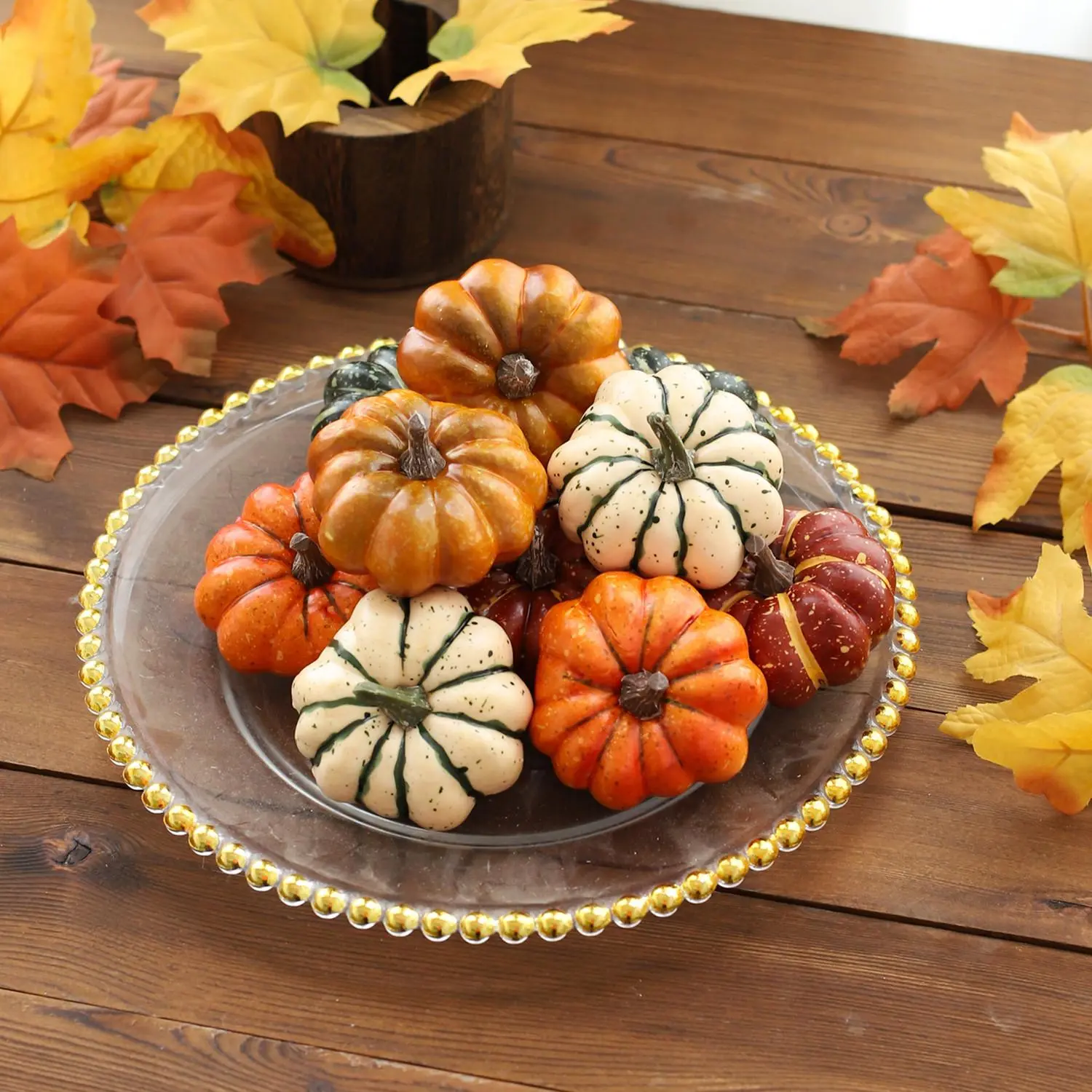 Trendy 9 Pcs Artificial Fall Pumpkins Set Realistic Fake Foam Pumpkin Assortment Table Centerpiece Rustic Autumn Harvest Thanksgiving Halloween Party Home Room Decor Photography Props