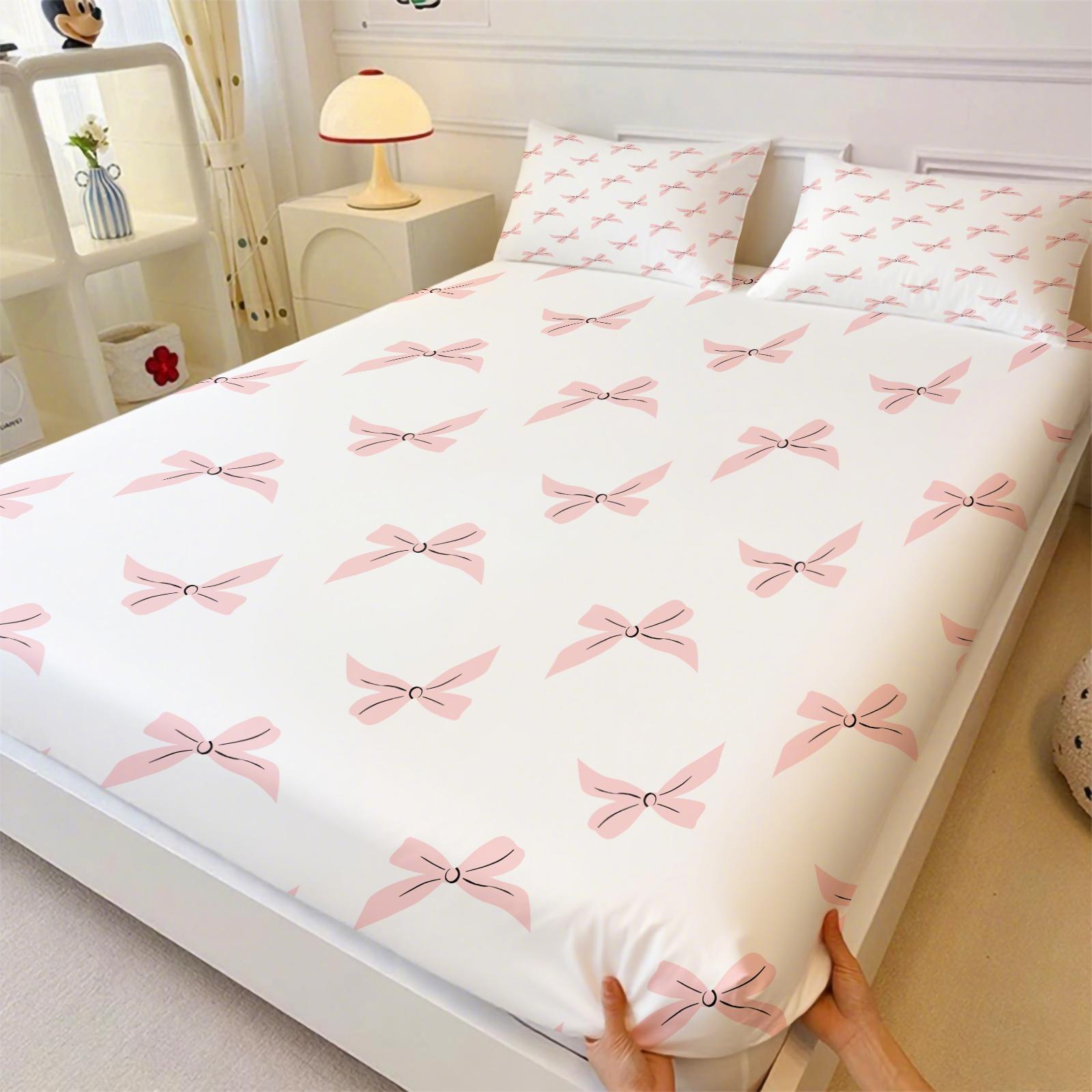 Y2K Watercolor Nude Pink Bow Microfiber Fitted Sheet Set, Soft Comfy Bedding, Includes 1 Fitted Sheet & 2 Coreless Pillowcases, Soft, Breathable Fabric, Deep Pocket Anti-Slip All Season Bedding Set, Princess Style Bedroom Decor