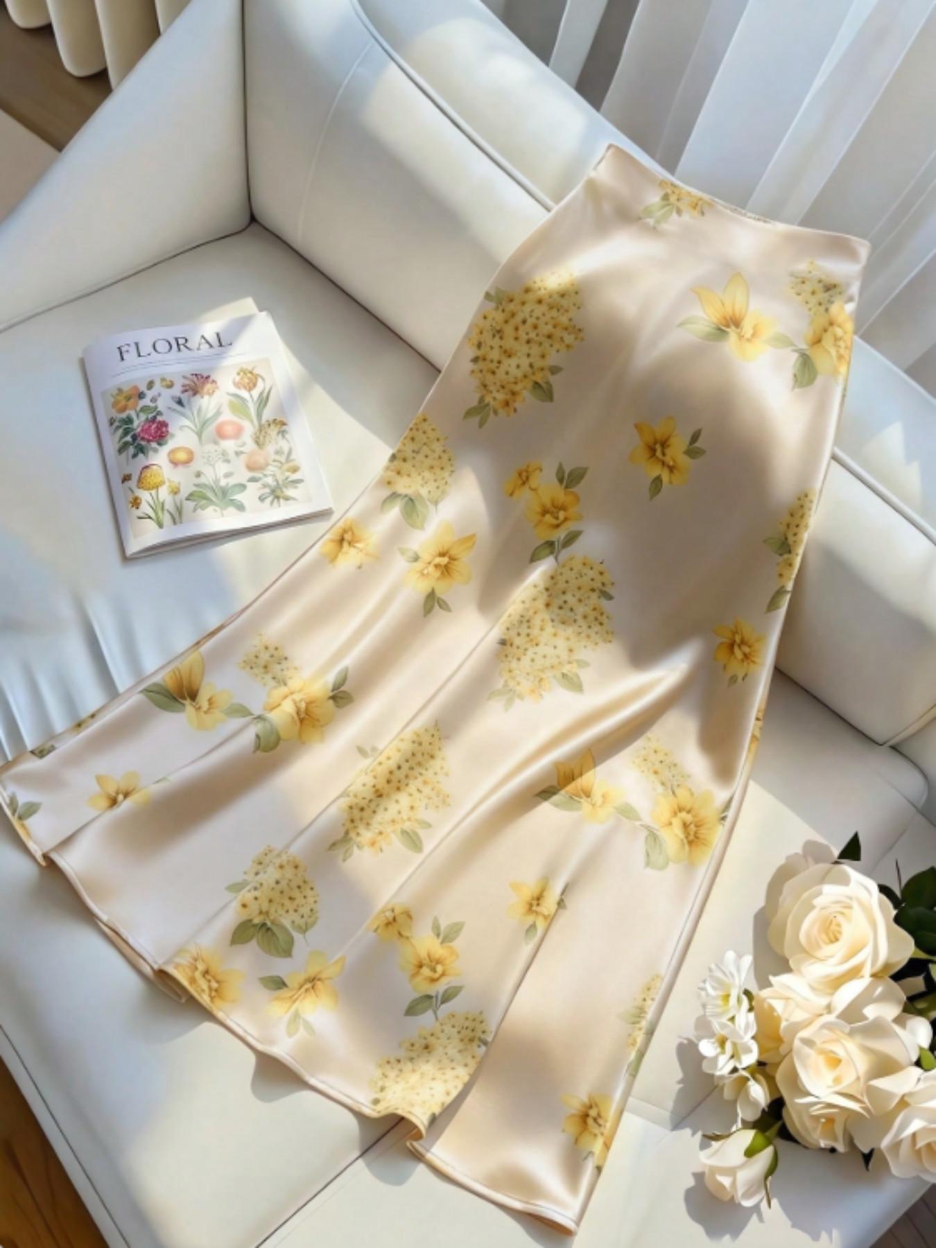 Elegant Champagne Floral Fish Tail Midi Dress, High Waist Flowy Satin Print Skirt, Medium-Length Bodycon Long Dress