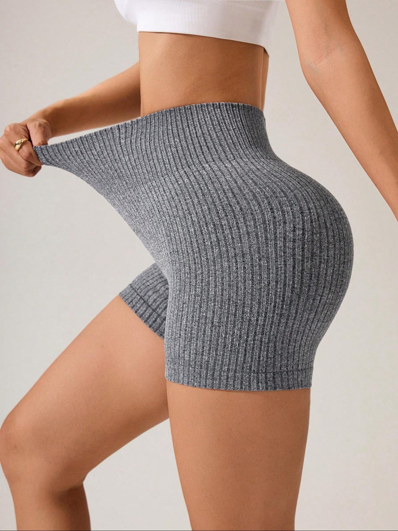 Women's Solid Ribbed Sports Shorts, High Stretch Shorts, High Waist Tummy Control Butt Lift Training Shorts, Ladies Sportswear for Indoor Outdoor Wear