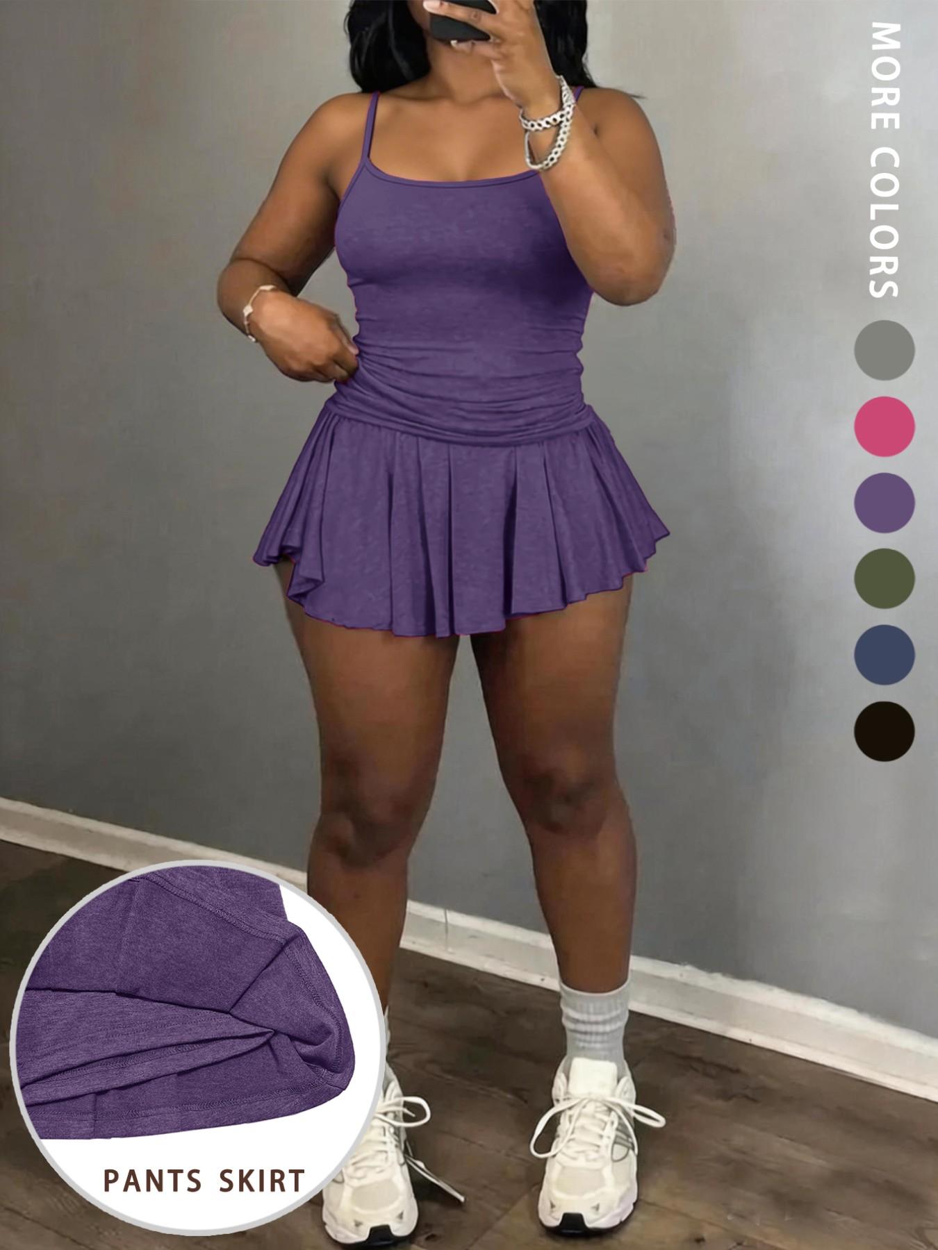 Fashion Sporty Halter Top Women's Set, Integrated Anti-Slip Design Running Sports Short Skirt Two-Piece, Casual Style