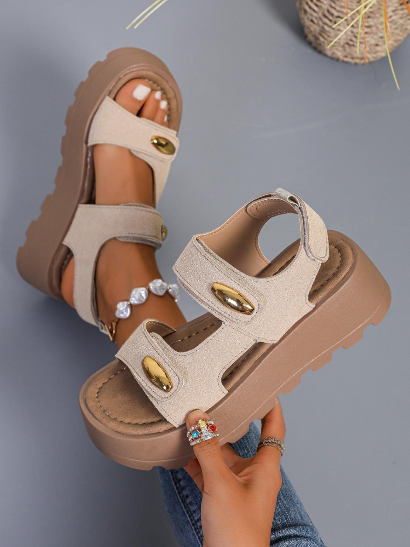 Magic Tape Thick Sole Slippers, 5cm Heel Lift, Breathable Summer Footwear, Plain Design, PU Upper, Rubber Sole, Less Than Ankle Height