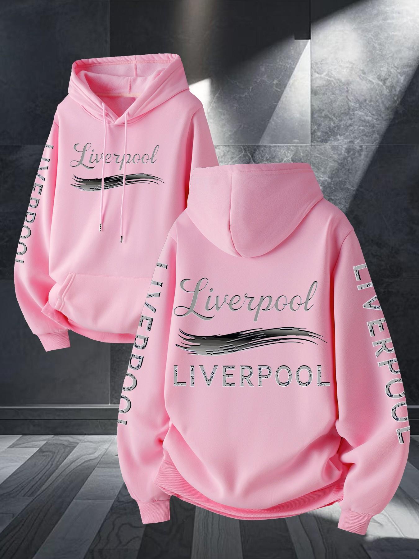 Liverpool Art Brush Print Hoodie, Unisex Long Sleeve Casual Sweatshirt, Geometric Pattern, Kangaroo Pocket, Fall & Winter Streetwear