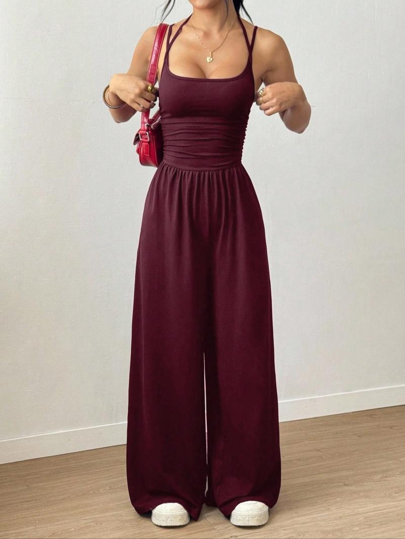2026 Women's Sleeveless Halter Jumpsuit, Ruched Waist Wide-Leg Palazzo Jumpsuit with Pockets