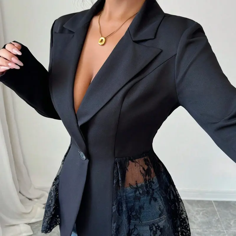 Women's Elegant Chic Statement Lace Patchwork Sheer Slim Fit Long Sleeve Blazer Jacket, Womenswear, Perfect for Office, Dates and Parties