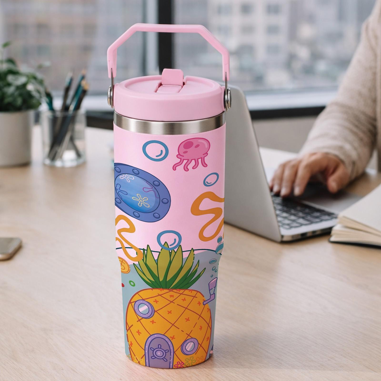 1 Pc Vacuum Mug 30oz Skinny Tumbler With Handle And Lid, Double Wall Insulated Cup, Leak Proof Thermal Mug, Keeps Hot 12 Hours Cold 24 Hours, Cartoon Ocean Style Travel Mug For Coffee Tea, Gift For Women Men Cute Daily Use Holiday