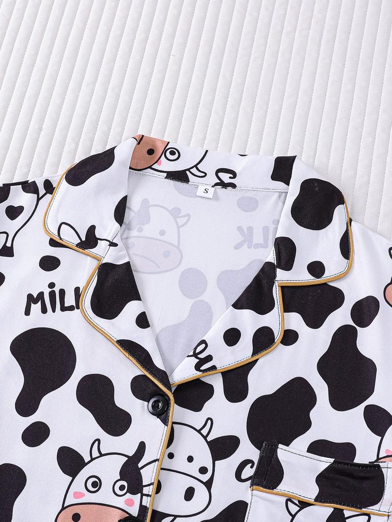 2-Piece Women's Set: White Base with Full Cow Print Cartoon Cow Design Short Sleeve Shorts Soft Comfortable Top with Small Pockets Notch Lapel Design Button Closure Elastic Waistband Suitable for All Seasons Home Daily Casual Pajama Set