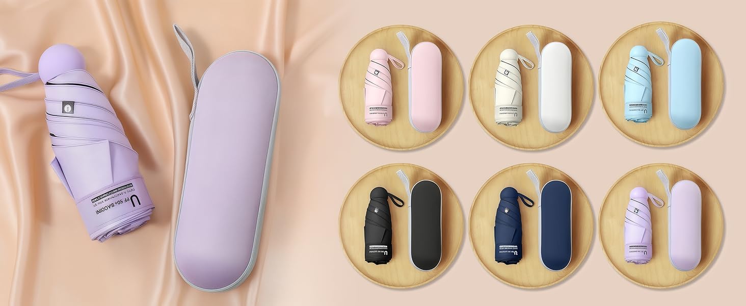 Travel Essentials Mini Umbrella for Purse With Case Small Compact UV Sun Protection Lightweight Tiny Pocket Manual Open Close Umbrella for Women Kids and Men Fit Purse Backpack