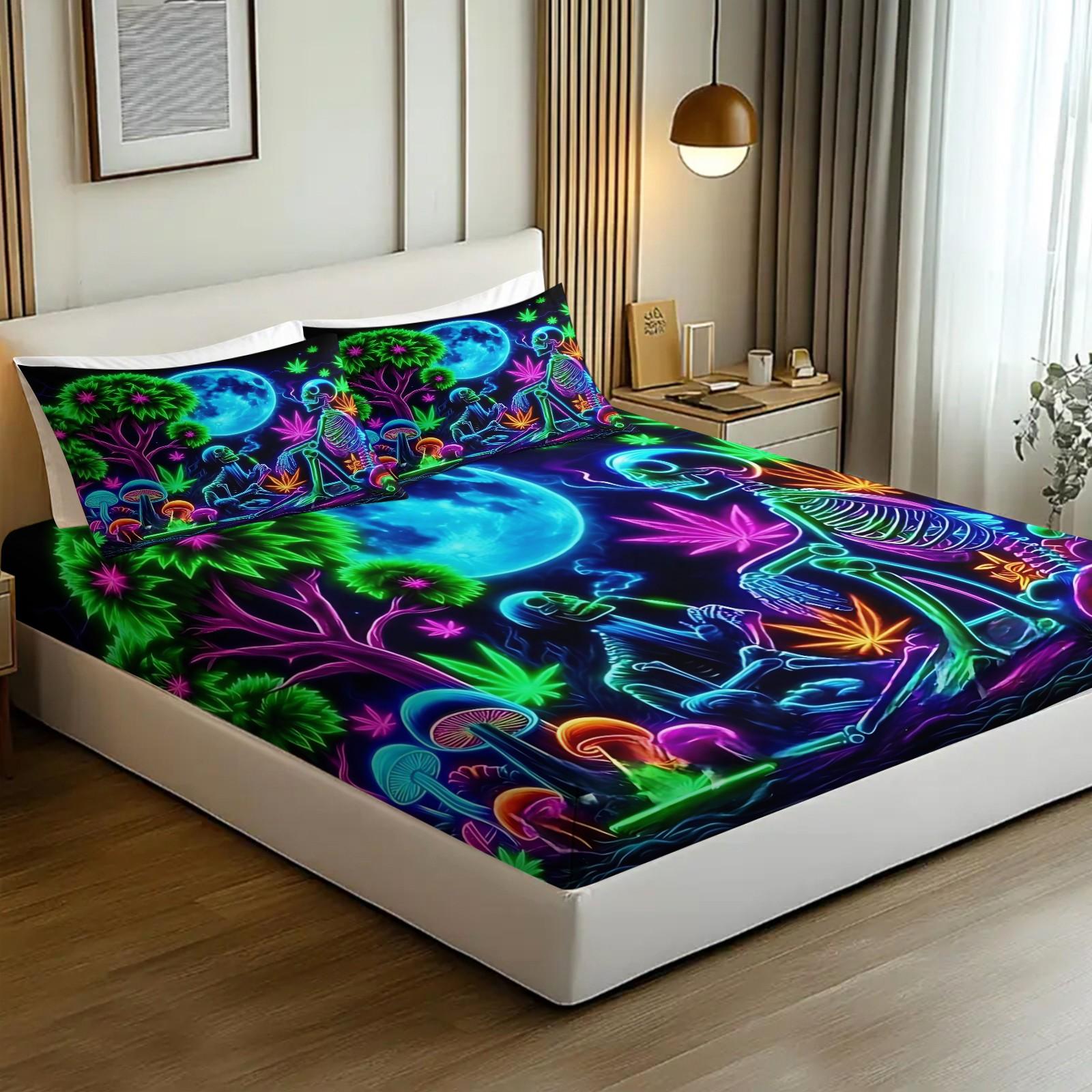 3pcs Psychedelic Fluorescent Skull Alien Pattern Fitted Sheet Set, Skull Fantasy Forest Full Moon Element Bedding Set. With Bright and Bold Colors.Made of Soft Microfiber Material, Includes 2 Pillowcases, Not Include Pillow Inserts, Bed Sheets