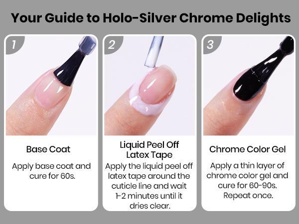 Beetles All-In-One Chrome Nail Powder Kit, Silver Holographic Chrome Nail Powder with 7.5ML Black Color Gel Nail Polish, Base & Top Coat, Peel-Off Latex Tape & Silicone Nail Brush, Chrome Nail Set for DIY Nail Art, Perfect Gift for Women