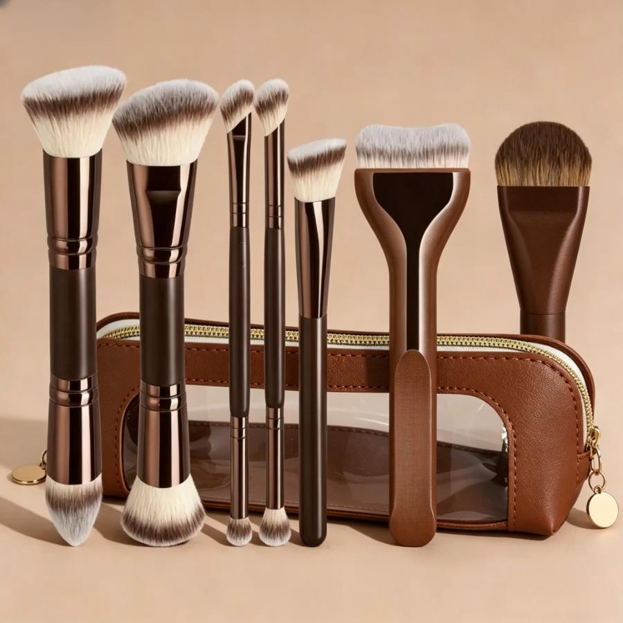 7-Piece Professional Dual-Ended Makeup Brush Set with Storage Bag, Face Makeup Brushes, High-Quality Synthetic Fiber, Ideal for Foundation, Concealer and Loose Powder, Cosmetics Brushes Set