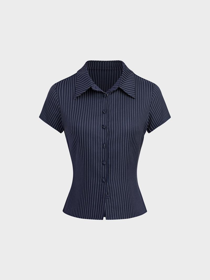 Women's Plain / Striped Print Button Shirt, Casual Fitted Collared, Casual Slim-fitting Short Sleeve Collared Top for Daily Wear, Ladies Clothes for All Seasons