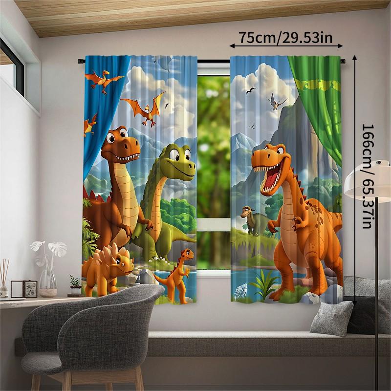 Dinosaur Curtains Set of 2, Cartoon Dinosaur Bedroom Decor, Cute Fun Colorful Wildlife Art Print Living Room Curtains