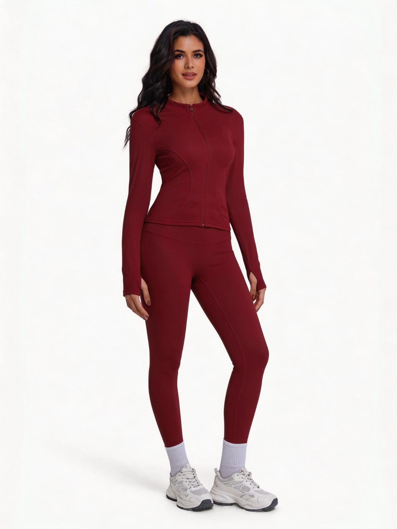 Women's Two-Piece Sport Set, Long Sleeve Zipper Yoga Jacket & High-Waist Tight Pants, Slim Fit, Fall Winter, Gym Running Fitness