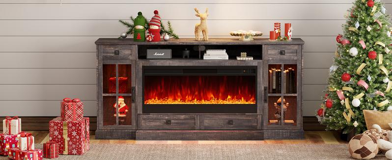 VanAcc Farmhouse Fireplace TV Stand for TVs up to 80", 70 Inch Large TV Stand with Lighting Glass Door Cabinets/Drawers/Adjustable Shelves, Entertainment Center with 43" Electric Fireplace