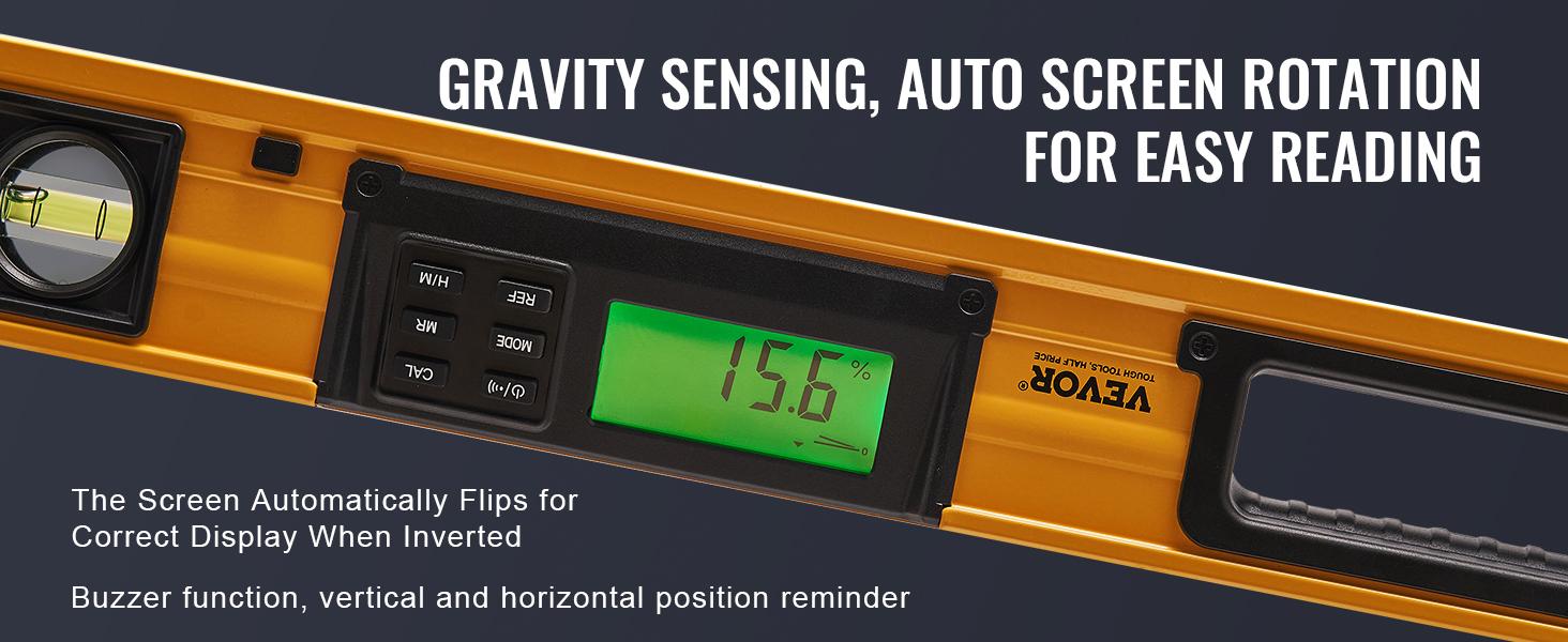 VEVOR Magnetic Torpedo Level, 600mm, LED Backlit Screen Mechanical Bubble Vials Ruler for 0-360 Degree, Gravity Sensor Aluminum Alloy Leveler Tool w/ Viewing Window, Shock-Resistant for Plumbing, Wood