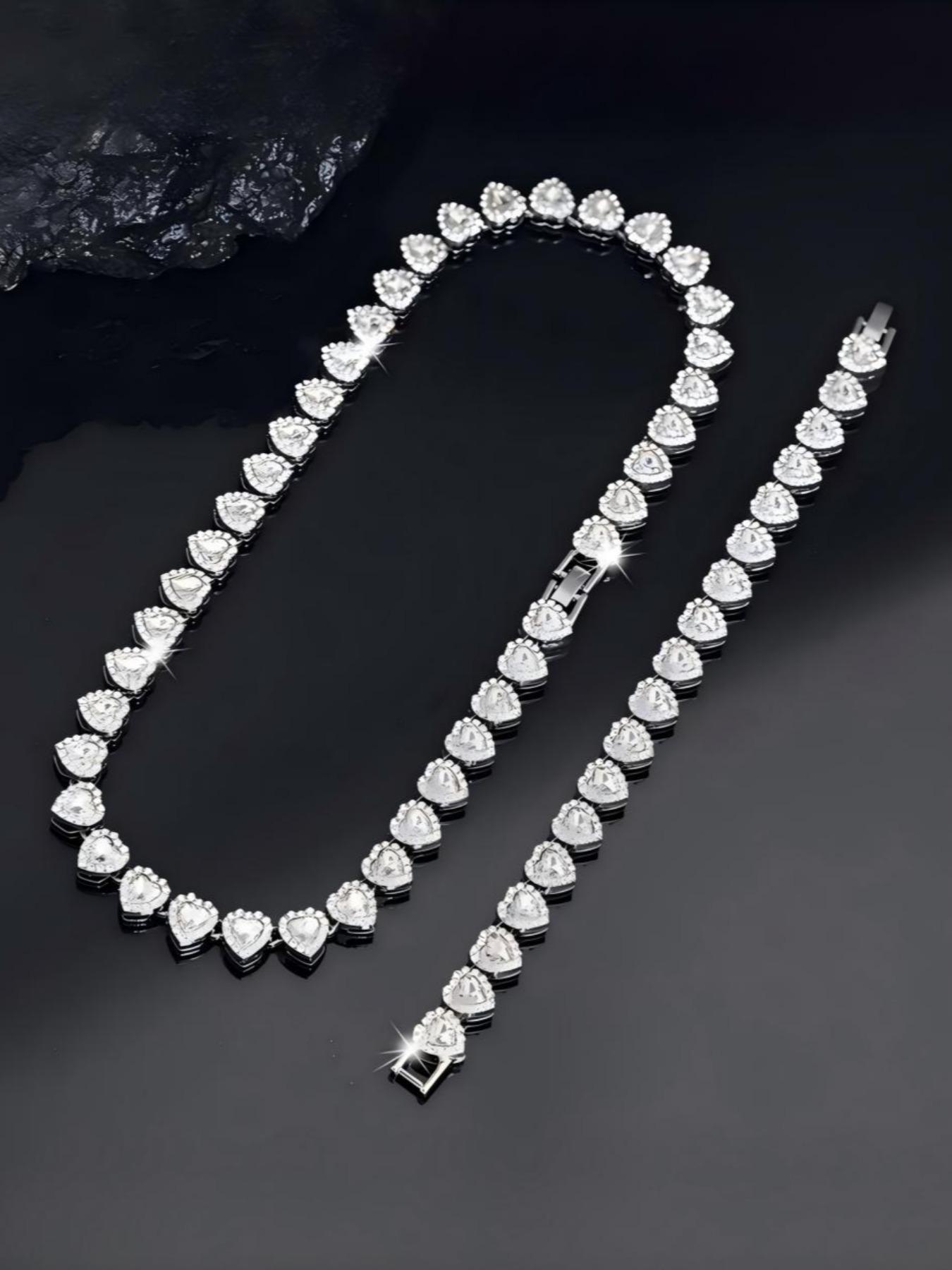 2pcs Set Heart Shaped Cuban Chain Necklace Set for &,Hip Hop Style Choker Set,Luxurious Jewelry Set for Valentine's Day Gifts, Birthday,Everyday & Party Wear, for Teenager