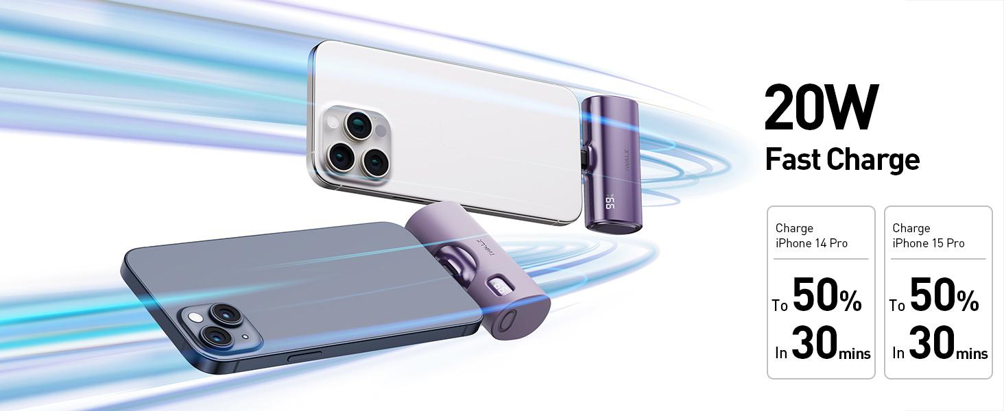 iWALK 5000mAh LinkPod X Mini Portable Charger with USB-C & Lightning Plugs, 20W Fast Charging, LED Display, Protective Silicone Shell for iPhone 16/15/14, Samsung, AirPods - Silver Power Bank