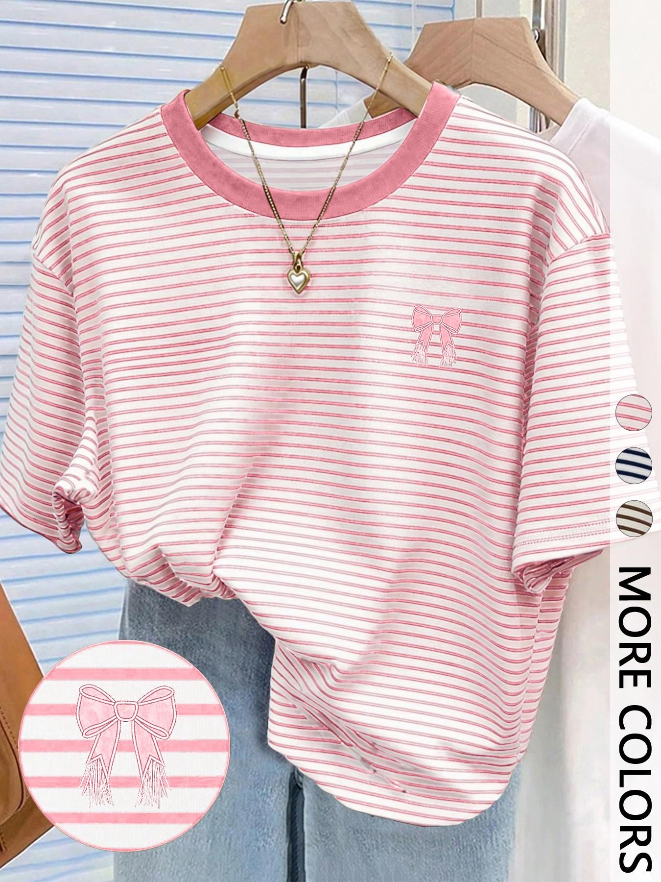 Women's Striped Digital Print T-Shirt, Butterfly Knot Round Neck, Casual Loose-Fitting Top, Daily Wear, Summer, Plain Surface, Unlined, Everyday