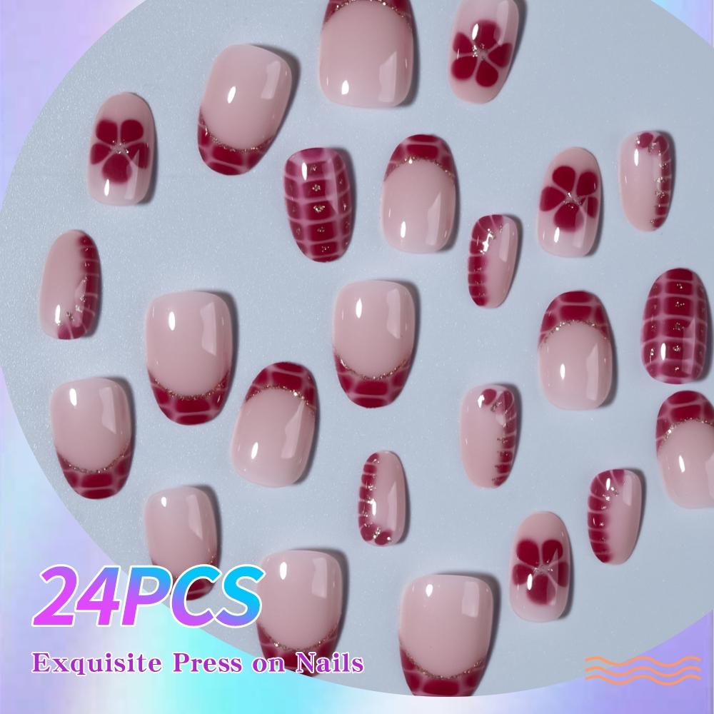 24pcs Short Oval French Tip Press-On Nails, Stick On Nails, Glossy False Nails, Fake Nails Set, Heart and Flower Design, Acrylic False Nails Set for Women, Includes Jelly Glue and Nail File